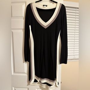 Black dress with white and tan accents